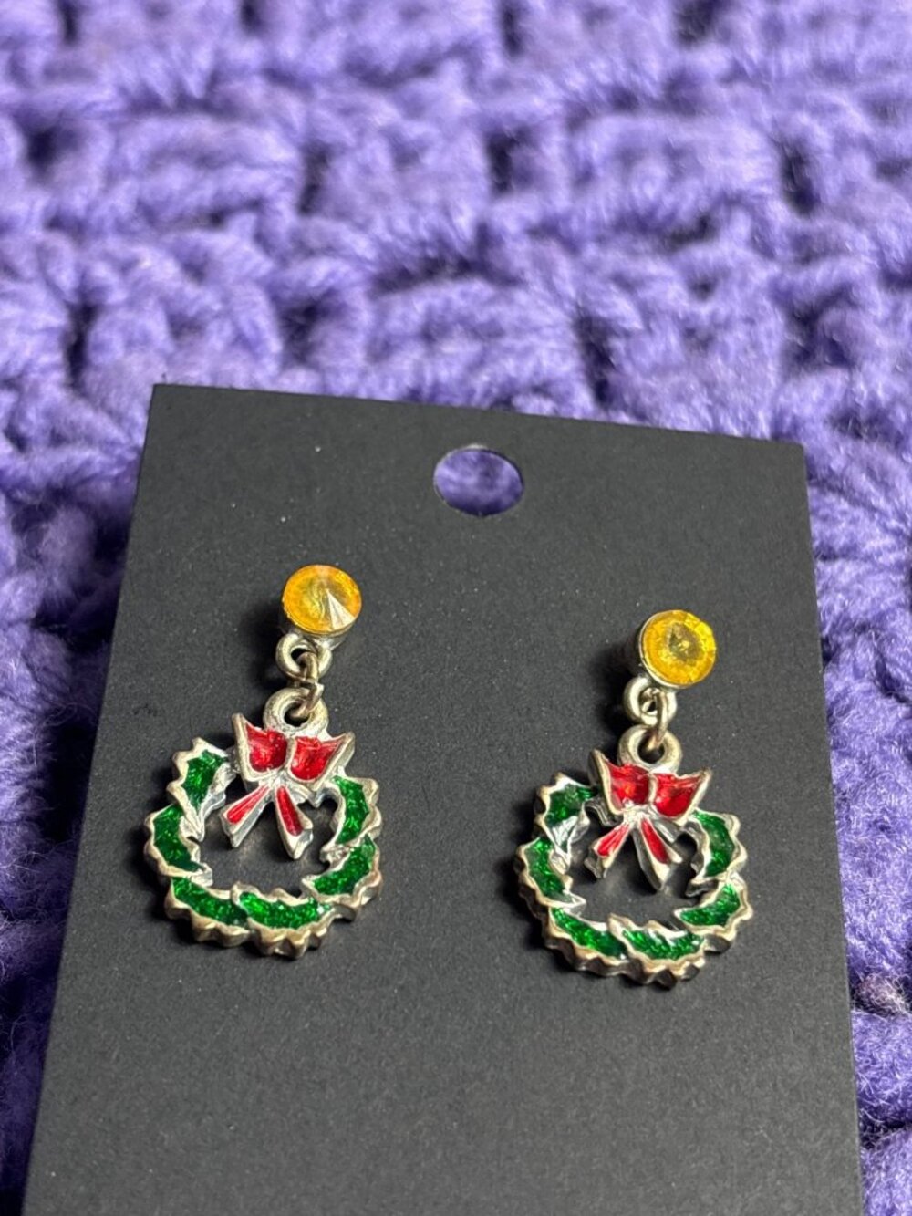 Christmas Wreath Dangle Earrings Green Red Enamel Yellow Rhinestone Silvertone